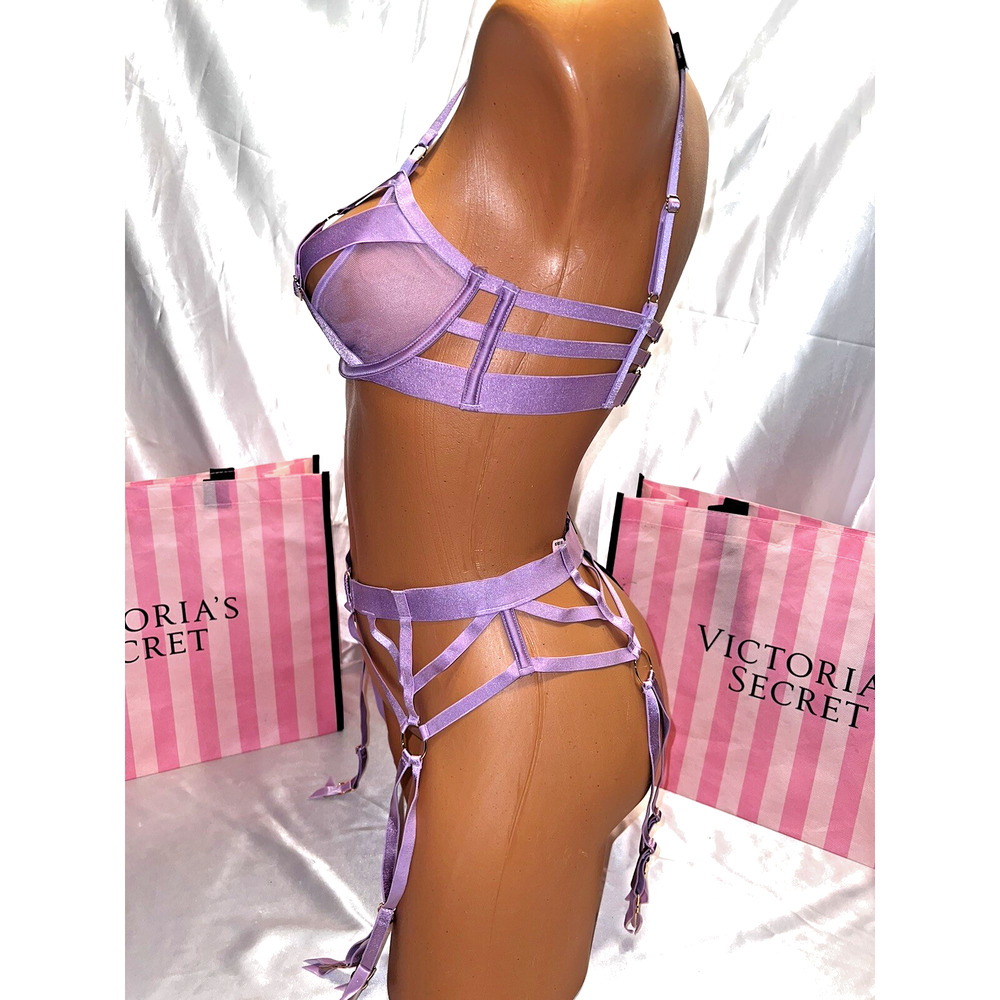 Victoria's Secret Bra Strappy Luxe 34DD XS/S Garter Belt Set Purple Lilac - Picture 2 of 3